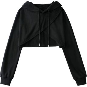 Womens Cut Out Ultra Crop Top Hoodie Criss Cross Long Sleeve Drawstring Hooded Pullover Sweatshirt in Kuwait