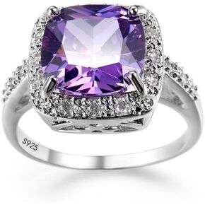 White Gold Amethyst Cocktail Rings Purple CZ Engagement Ring Princess Cut Square Cubic Zirconia 925 Sterling Silver Shiny Full Diamond Ring for Women