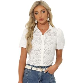 Allegra K Lace Tops for Women's Boho Short Sleeve Button Down Lace Eyelet Blouse