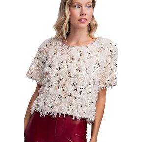 FEMI SEMI Womens Fashion Crewneck Sequins Feather Short Sleeve Blouse Holiday Party Top