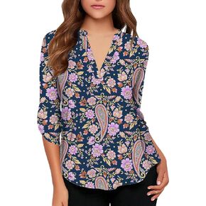 roswear Women's V Neck Long Sleeve Loose Fit Shirt Dressy Casual Blouses
