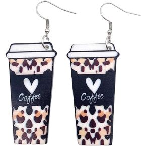 Coffee Cup Earrings Acrylic Funny Leopard Print Love Heart Cafe Drinks Lightweight Dangle Drop Earrings for Women Teen Girls Valentine's Day Graduation Season Coffee Lover Fashion Jewelry Gifts