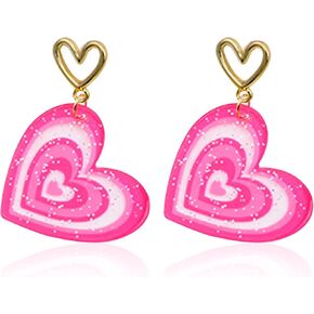 Rainbow Acrylic Love Heart Earrings for Women Teen Girls Unique Lightweight Geometric Resin Pink Heart Dangle Drop Earrings Jewelry Valentines Day