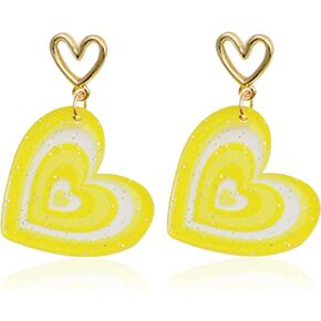 Rainbow Acrylic Love Heart Earrings for Women Teen Girls Unique Lightweight Geometric Resin Pink Heart Dangle Drop Earrings Jewelry Valentines Day