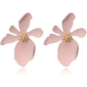 Womens Flower Earrings - Chic Boho Pink Flower Statement Earrings with Gold Flower Bud, Fashion Metal Matte Stud Earrings Big Flower Earrings Wedding Jewelry for Women Girls