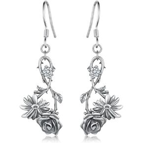 Daisy Earrings Rose Earrings 925 Sterling Silver Flower Dangle Drop Earring Jewelry Gift for Women Girl