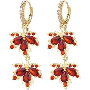 Exquisite Maple Leaf Dangle Hoop Earrings Cubic Zirconia Red Crystal Leaves Fall Drop Dangling Cartilage Small Huggie Hoops Earring Dainty Jewelry Gifts Thanksgiving
