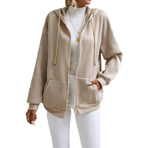 WDIRARA Women's Solid Zip Up Drawstring Hoodie Long Sleeve Thermal Sweatshirt with Pocket