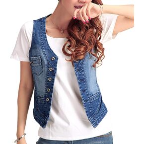 Women's Cotton Button Up Short Slim Denim Vest Sleeveless Jean Waistcoat Jacket (Dark Blue02, Large) in Saudi Arabia