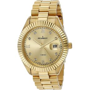 Peugeot 14K Gold Plated Diamond Luxury Dress Watch with Fluted Bezel and Calendar