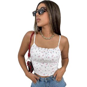 WDIRARA Women's Floral Print Ruched Spaghetti Strap Crop Cami Top Sleeveless Camisole