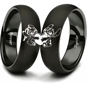 Stitch & Angel Couple Rings for Him and Her Love Heart Forever Together Lovers Ring Stainless Steel Anniversary Promise Wedding Band Black