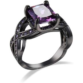 Ganquya Emerald Cut Purple Amethyst Cubic Zirconia Ring, Black Gold Plated Radiant Cut Eternity Engagement Wedding Jewelry Gifts for Women (US size 9)