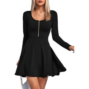 Umenlele Women's Scoop Neck Long Sleeve Dresses Casual Flowy Swing Mini Short Wrap Skater Dress