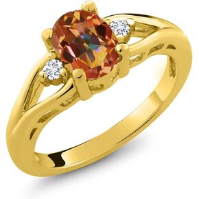 18K Yellow Gold Plated Silver Ecstasy Mystic Topaz and White Lab Grown Diamond 3 Stone Engagement Ring For Women | 1.58 Cttw | Oval 8X6MM | Round 2MM | Gemstone Birthstone | Available In Size 5, 6, 7,