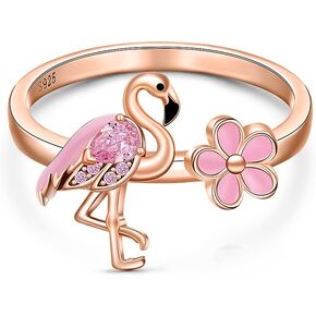 LOVGIFSET Flamingo Ring for women 925 Sterling Silver Pink Flamingo Rings for Women Rose Gold Engagement Wedding Flamingos Jewelry