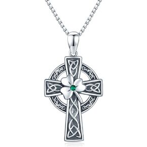 Celtic Cross Necklace for Women, Graduation Gift 925 Sterling Silver Good Luck Clover Necklaces Irish Celtic Knot Cross Vintage Shamrock Celtic Jewelry Gift for Women Girls Teen
