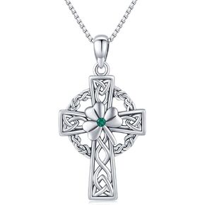 Celtic Cross Necklace for Women, Graduation Gift 925 Sterling Silver Good Luck Clover Necklaces Irish Celtic Knot Cross Vintage Shamrock Celtic Jewelry Gift for Women Girls Teen