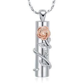 Imrsanl Cremation Jewelry Rose Flower Urn Necklace with Hollow Cylinder Cremation Keepsake Urn Pendant Memorial Lockets for Ashes for Women Men