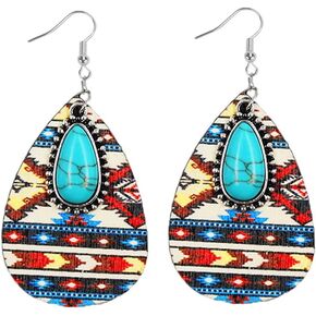 BG&WLing Turquoise Earrings for Women Aztec Pattern Wooden Dangle Drop Earring Bohemia Vintage Western Jewelry