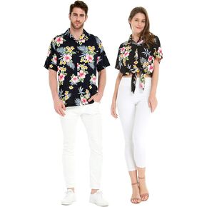 Matchable Couple Hawaiian Luau Shirt or Tie Front Top in Hibiscus Black