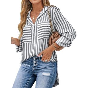 CUPSHE Women Shirts Striped Pocket Tops Long Sleeves Roll-tabs Button Front Blouses
