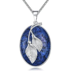Gemstone Leaf Necklace Stainless Steel Leaf Pendant Oval Gemstone Necklace Jewelry Gifts for Women Girls