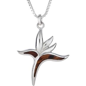 925 Sterling Silver Hawaiian Bird of Paradise Tropical Plant Cubic Zirconia Koa Wood Necklace Pendant with 18" Box Chain, Nickle Free Hypoallergenic for Sensitive Skin, Gift Box Included