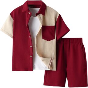 Verdusa Boy's 2 Piece Set Colorblock Button Front Collar Short Sleeve Shirt and High Waist Shorts