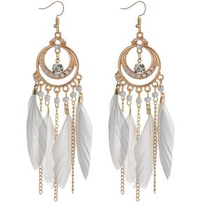 Women Faux Feather Earrings Bohemian Vintage Tassel Drop Dangle Earrings Set with Dream Catcher Design for Bridal Gorgeous Crystal Fringe Earring Wedding Prom Party Festival Ear Jewelry(White)