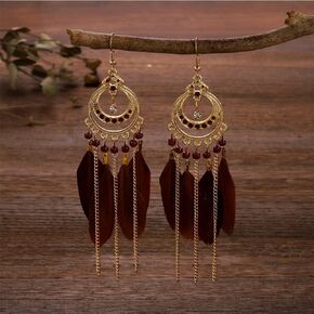 Women Faux Feather Earrings Bohemian Vintage Tassel Drop Dangle Earrings Set with Dream Catcher Design for Bridal Gorgeous Crystal Fringe Earring Wedding Prom Party Festival Ear Jewelry(White)