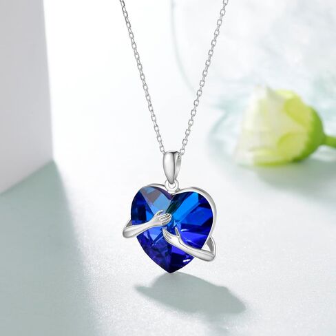 Hug Necklace for Women,925 Sterling Silver Blue Crystal Heart Pendant Necklaces,Birthday Christmas Jewlery for Girls Wife Girlfriend,18''-20'' in Saudi Arabia