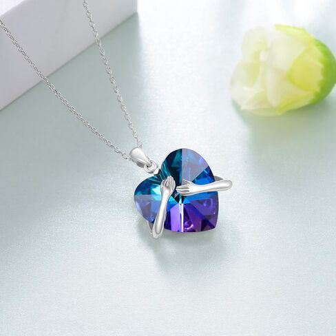 Hug Necklace for Women,925 Sterling Silver Blue Crystal Heart Pendant Necklaces,Birthday Christmas Jewlery for Girls Wife Girlfriend,18''-20'' in Saudi Arabia