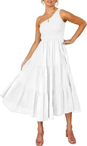 TOPGOD Women's Boho Printed One Shoulder Sleeveless Dress Summer Casual Knotted Ruffle Hem Flowy Layered Beach Maxi Dress in Saudi Arabia