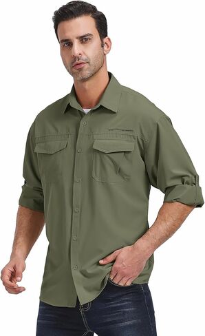 Mens Safari Sun Shirts UPF 50+ UV Sun Protection Long Sleeve Outdoor Quick Dry Fishing Hiking Gardening Shirts in Kuwait