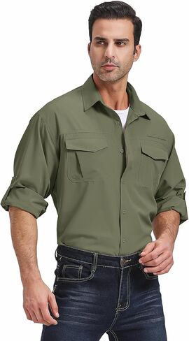 Mens Safari Sun Shirts UPF 50+ UV Sun Protection Long Sleeve Outdoor Quick Dry Fishing Hiking Gardening Shirts in Kuwait