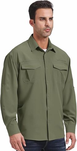 Mens Safari Sun Shirts UPF 50+ UV Sun Protection Long Sleeve Outdoor Quick Dry Fishing Hiking Gardening Shirts in Kuwait