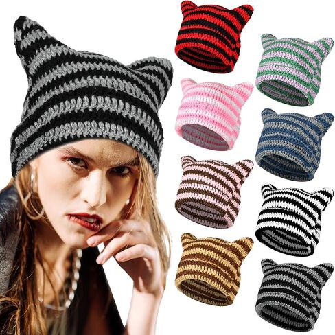 Chuarry 8 Pcs Women Knitted Cat Beanie Y2K Striped Crochet Beanie Warm Vintage Cat Ear Hats for Devil Horn Slouchy Beanies for Winter Accessories Men in Saudi Arabia