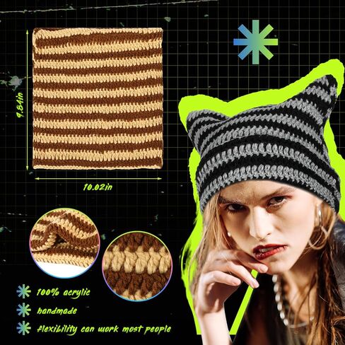 Chuarry 8 Pcs Women Knitted Cat Beanie Y2K Striped Crochet Beanie Warm Vintage Cat Ear Hats for Devil Horn Slouchy Beanies for Winter Accessories Men in Saudi Arabia