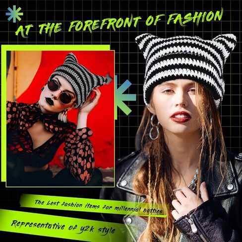 Chuarry 8 Pcs Women Knitted Cat Beanie Y2K Striped Crochet Beanie Warm Vintage Cat Ear Hats for Devil Horn Slouchy Beanies for Winter Accessories Men in Saudi Arabia