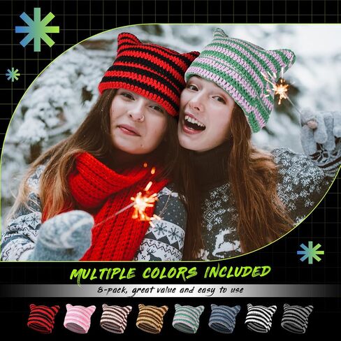 Chuarry 8 Pcs Women Knitted Cat Beanie Y2K Striped Crochet Beanie Warm Vintage Cat Ear Hats for Devil Horn Slouchy Beanies for Winter Accessories Men in Saudi Arabia