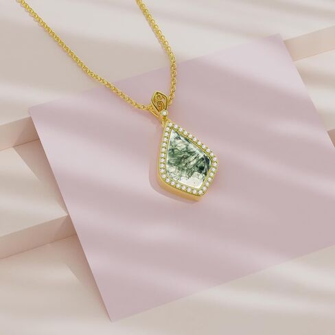 Moss Agate Necklace 925 Sterling Silver 14K Gold Plated Kite Cut Moss Agate Pendant Necklace Dainty Moss Agate Jewelry Gift for Women 18"-20" in Kuwait