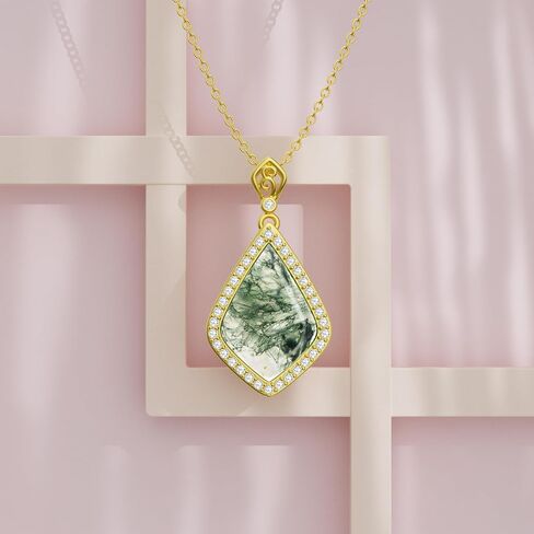 Moss Agate Necklace 925 Sterling Silver 14K Gold Plated Kite Cut Moss Agate Pendant Necklace Dainty Moss Agate Jewelry Gift for Women 18"-20" in Kuwait