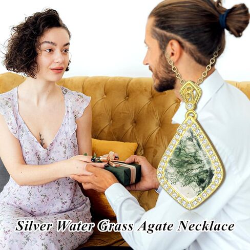 Moss Agate Necklace 925 Sterling Silver 14K Gold Plated Kite Cut Moss Agate Pendant Necklace Dainty Moss Agate Jewelry Gift for Women 18"-20" in Kuwait