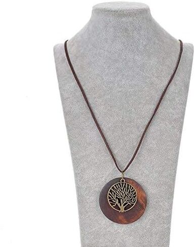 SIVITE شجرة الحياة البرونزية العتيقة مع قلادة خشبية قلادة طويلة من الجلد سلسلة خشبية للنساء والفتيات in Kuwait