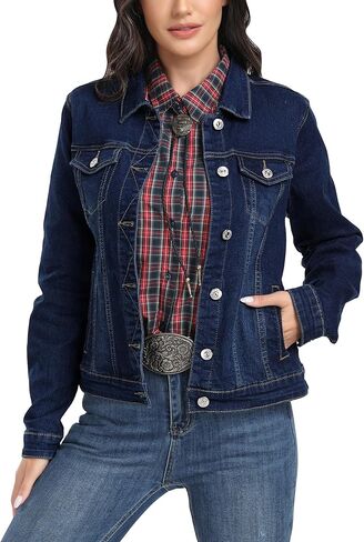 سترة J.Corrine النسائية القابلة للتمدد من قماش الدنيم بأكمام طويلة وأساسية كلاسيكية وعصرية وأزرار لأعلى لسائقي الشاحنات in Kuwait