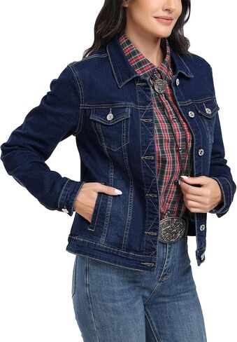 سترة J.Corrine النسائية القابلة للتمدد من قماش الدنيم بأكمام طويلة وأساسية كلاسيكية وعصرية وأزرار لأعلى لسائقي الشاحنات in Kuwait