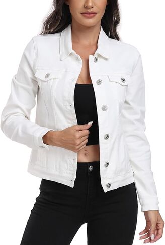 سترة J.Corrine النسائية القابلة للتمدد من قماش الدنيم بأكمام طويلة وأساسية كلاسيكية وعصرية وأزرار لأعلى لسائقي الشاحنات in Kuwait