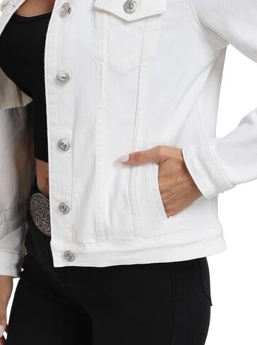 سترة J.Corrine النسائية القابلة للتمدد من قماش الدنيم بأكمام طويلة وأساسية كلاسيكية وعصرية وأزرار لأعلى لسائقي الشاحنات in Kuwait