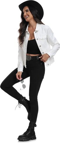 سترة J.Corrine النسائية القابلة للتمدد من قماش الدنيم بأكمام طويلة وأساسية كلاسيكية وعصرية وأزرار لأعلى لسائقي الشاحنات in Kuwait